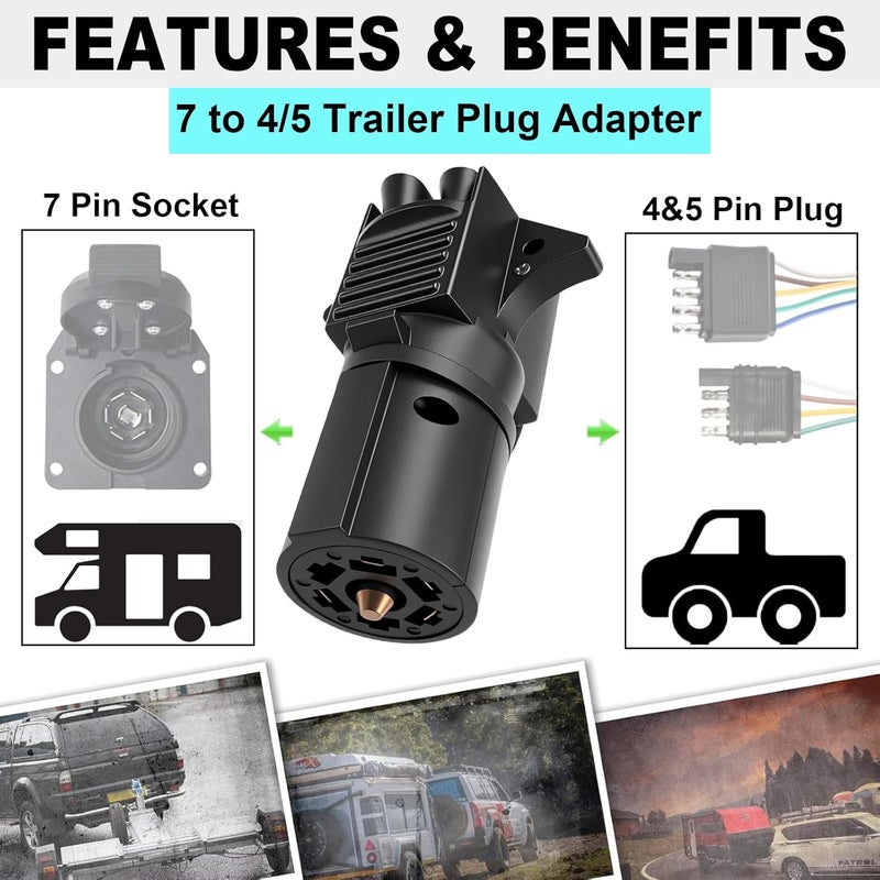 CXTM 7 to 4 and 5 Trailer Plug Adapter 7 Way Round to 4 Way and 5 Way Flat Trailer Light Adapter, 2-in-1 Design Trailer Adapter - Image 2